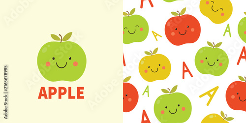 Cute apples and letter A seamless pattern with matching educational card.  It can be used for wallpapers, wrapping, cards, patterns for clothes and other.