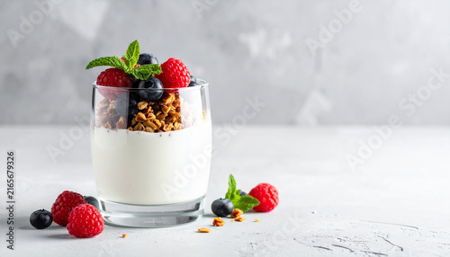 Yogurt Parfait with Granola and Fresh Berries on Light Background