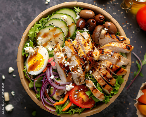 Healthy grilled chicken salad bowl featuring protein rich balsamic glazed poultry slices fresh cucumber tomatoes red onion olives feta cheese and boiled eggs for nutritious takeout food preps