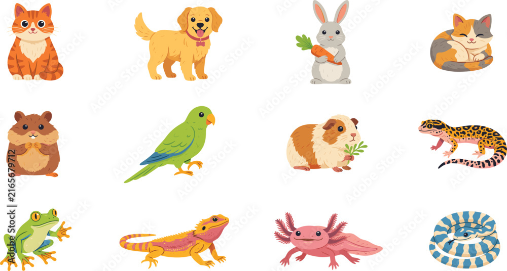 Obraz premium Cute Domestic Pets and Exotic Animals Vector Icon Set Featuring Cartoon House Pets, Reptiles, and Amphibians for Veterinary, Kids Crafts, and Digital Media