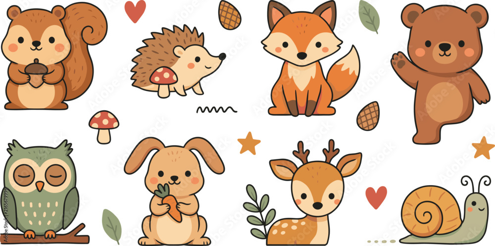 Fototapeta premium Cute Kawaii Woodland Animals Vector Element Set Featuring Cartoon Forest Wildlife and Nature Icons for Kids Crafts, Nursery Decor, and Stickers