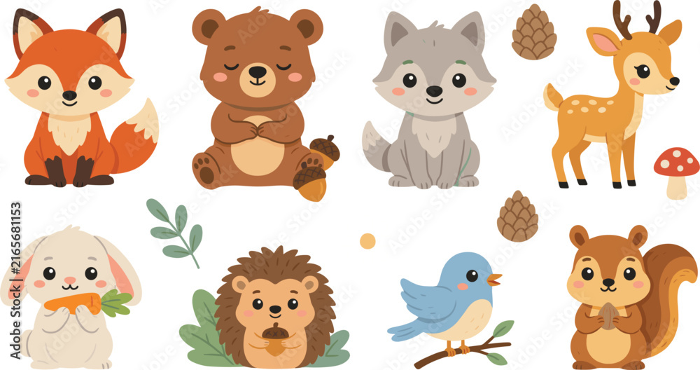 Obraz premium Cute Woodland Animals Vector Icon Set Featuring Cartoon Forest Wildlife Characters and Nature Elements for Baby Nursery Decor, Kids Crafts, and Stickers