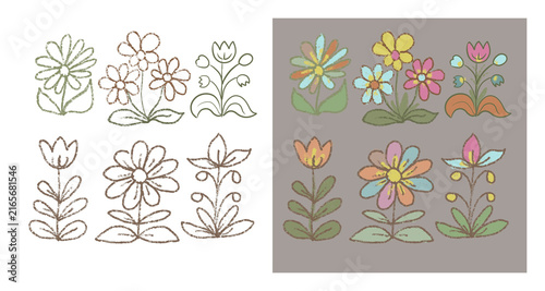 Фотография Hand-drawn folk art floral elements set
