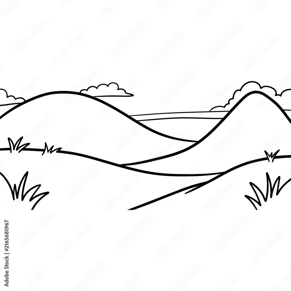 Fototapeta premium landscape coloring page with rolling hills and clouds