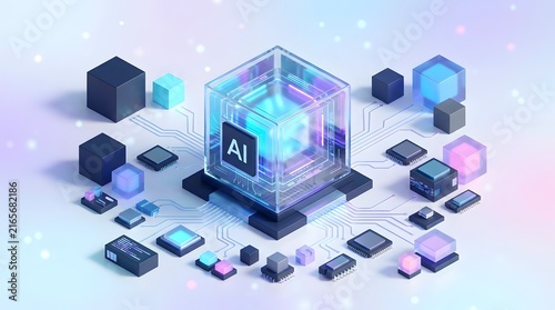 Abstract AI technology with glowing cube and microchips