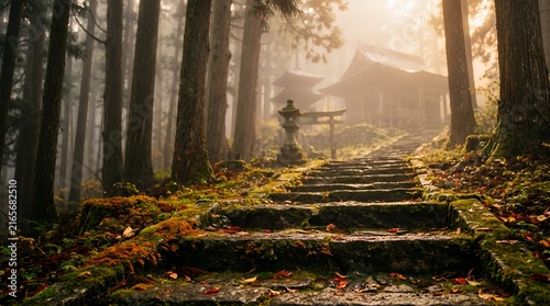 Mystical Stone Stairway to an Ancient Japanese Shrine in a Foggy Forest