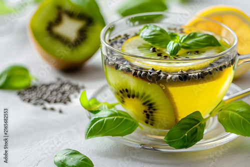 Vibrant healthy green detox tea drink featuring kiwi fruit slices lemon mint basil and chia seeds in glass cup on white table for wellness nutrition immunity boost antioxidant beverage lifestyle