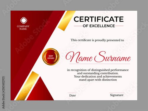 Bild auf Leinwand Elegant red and gold certificate template with award emblem, company logo placeholder, and signature/date fields