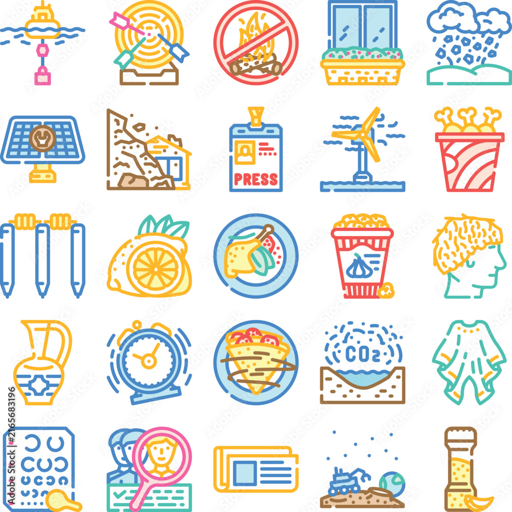 Fototapeta premium Set of diverse vector icons depicting various concepts including business targets, food items, natural phenomena, and social or environmental services