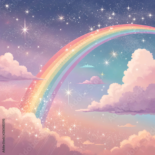rainbow with clouds and glitter on pastel sky back