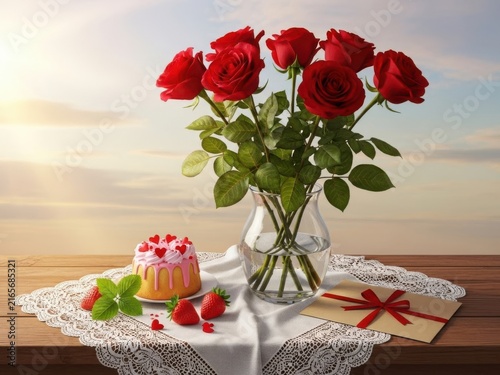 A bouquet of red roses in a glass vase next to a small cake with strawberries and a love letter on a wooden table
