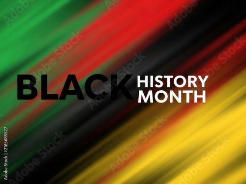 Black history month text overlay on a background of diagonal stripes in green, black, red, and yellow colors