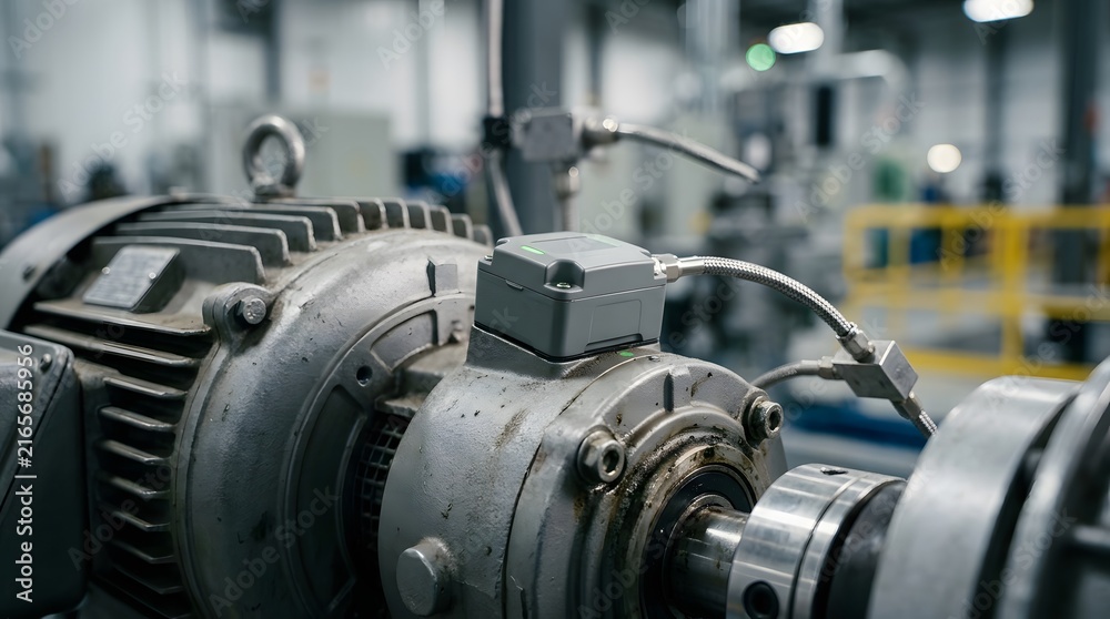 Fototapeta premium Vibration sensor mounted on an industrial electric motor for predictive maintenance monitoring