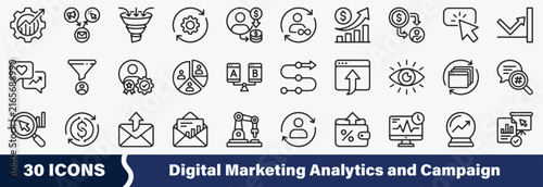 Digital Marketing Analytics and Campaign Management Line Icons Set: Including Campaign Performance Analytics, Marketing Attribution, Conversion Funnel Analysis, Customer Acquisition Cost, and More.