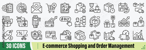 E-commerce Shopping and Order Management Line Icons Set: Vector Pictograms of Online Order Processing, Status Tracking, Confirmation, Cancellation, Modification, Multiple Order Management, and More.