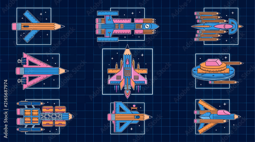 Obraz premium Retro-futuristic spaceship icons made from pencils, rulers, and erasers on a blueprint grid background