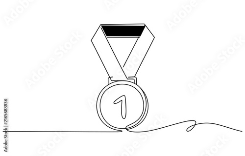 Single continuous line drawing of a first place gold medal with number one symbol Vector, illustration