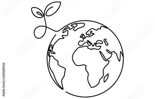 Foto Continuous single line drawing of planet earth with a small green leaf sprout gr