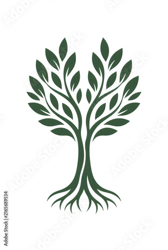 Minimal modern tree logo, symmetrical canopy created from flowing geometric branches and leaves, clean vector style, strong central trunk, isolated on pure white background, no text, no letters