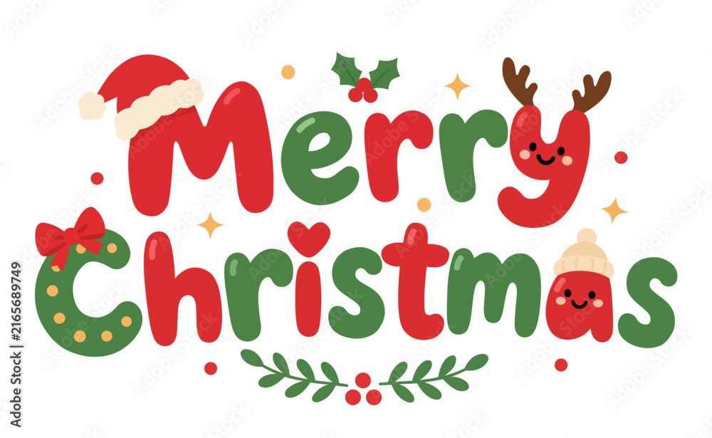 Fototapeta premium Cute Merry Christmas Decorative Lettering with Festive Characters