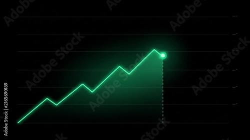 Abstract glowing neon green line graph showing an upward growth trend and financial success on a dark digital background for business analytics