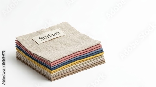 Tapety artystyczne Stack of colorful fabric swatches with surface label
