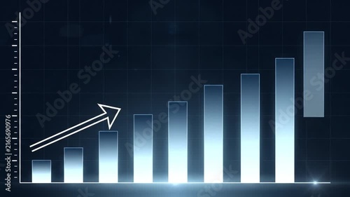 Blue digital business growth bar chart with a rising white arrow symbolizing financial success, data analysis, and economic progress in corporate