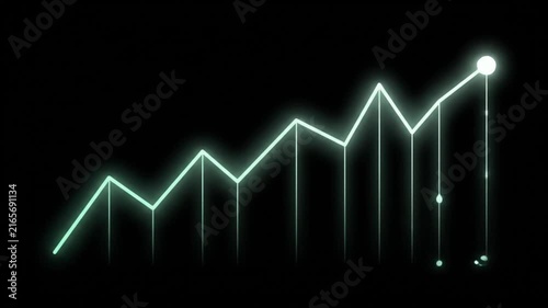 Glowing blue 3D business bar chart displaying financial growth trends with an upward white arrow on a dark grid background for market data analysis