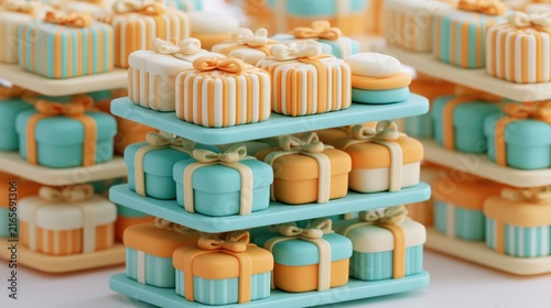 Assorted pastel colored gift boxes with bows arranged on display stands for celebration