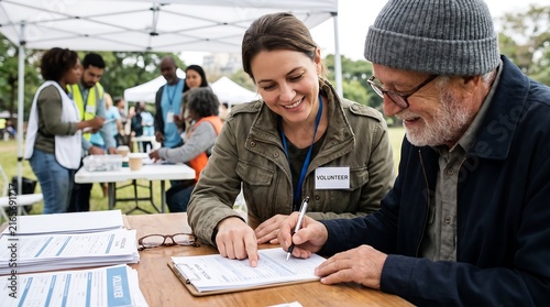 A smiling volunteer helps an elderly man sign a document at an outdoor community event.