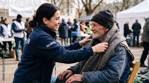 A compassionate volunteer adjusts a scarf for an elderly homeless man outdoors, offering warmth and support.