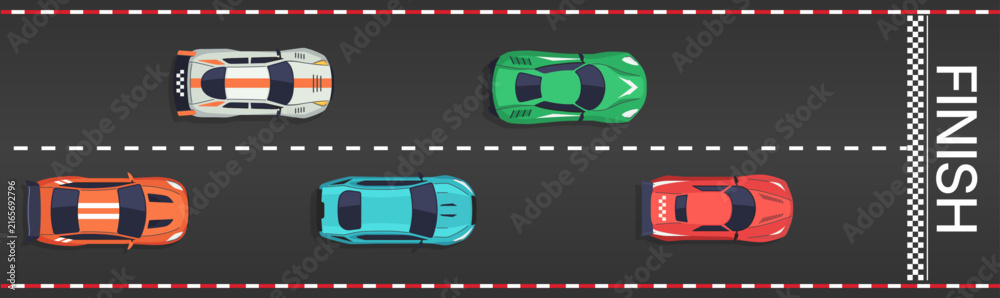 Fototapeta premium Top view racing track with colorful sports cars, finish line and checkered border vector banner