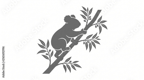Photography A gray silhouette illustration of a koala climbing up a leafy eucalyptus tree branch