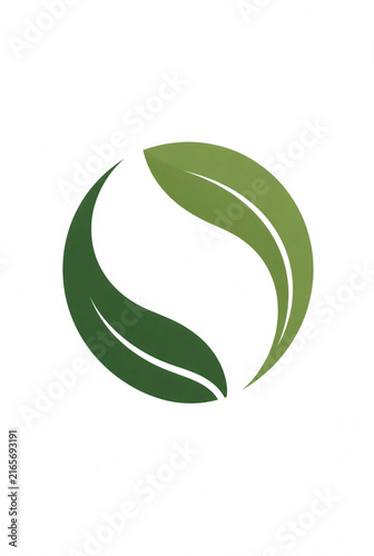  Minimal circular leaf logo, two flowing leaves forming an elegant circular symbol with negative space center, modern eco vector design, isolated on white background, no text, no letters