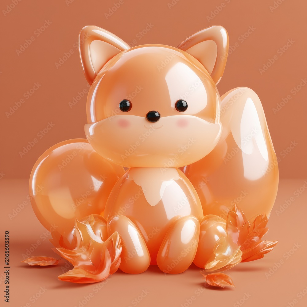 Naklejka premium A glossy puffy balloon fox is placed among vibrant leaves in a warm russet scene. It looks playful and inviting in the autumn atmosphere.