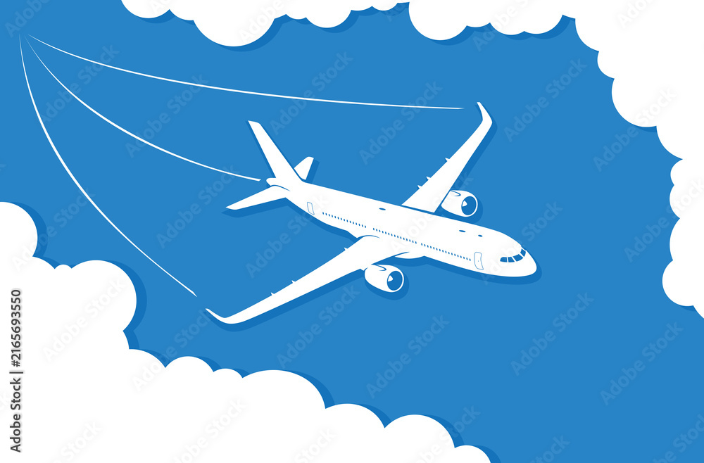 Naklejka premium Airplane descends through the blue sky between clouds, leaving a trail behind. Editable vector illustration.