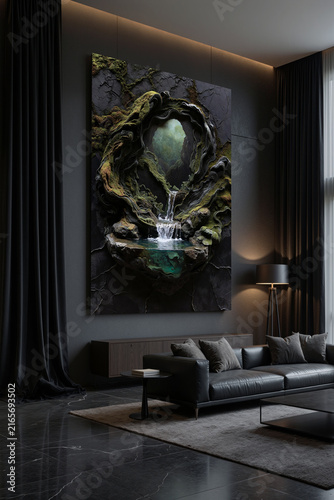 Wall art features a water fountain surrounded by forest elements in a modern living room setting at evening