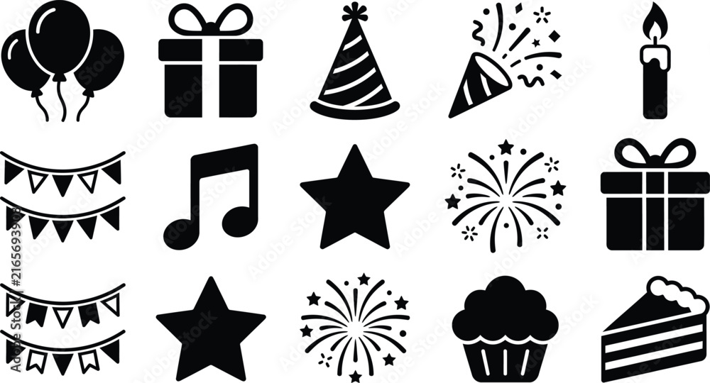 Naklejka premium Set of birthday and celebration party elements silhouette icons vector illustration with birthday symbols