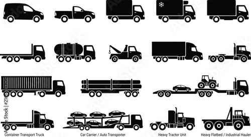 Set of delivery and transport trucks silhouette icons vector illustration collection with delivery truck