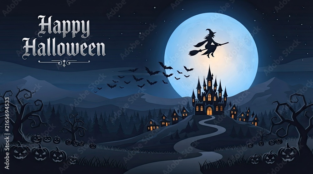 Fototapeta premium Halloween witch flying on broomstick over spooky town at night with full moon