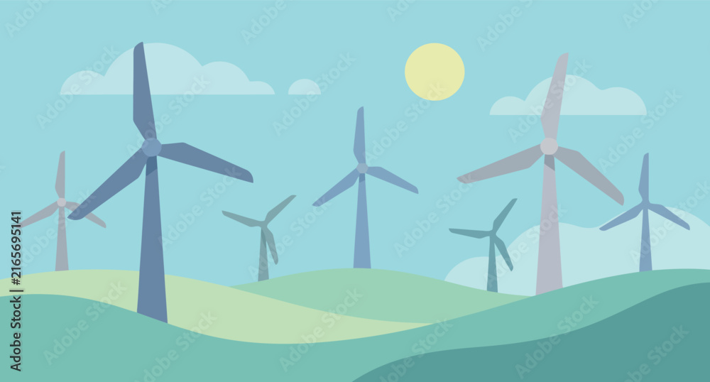 Fototapeta premium Rolling hills with wind turbines and a bright sun in a cartoon style