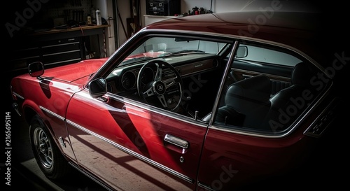 Vintage Red Sports Car in Garage.