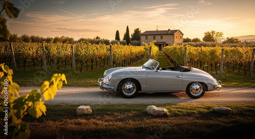Vintage Silver Car Driving Through Vineyard Landscape.