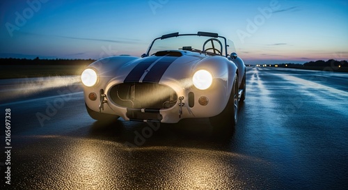 Vintage Silver Sports Car Racing Down Road.