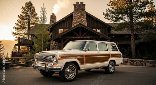 Vintage Station Wagon Parked Outside Luxury Home.