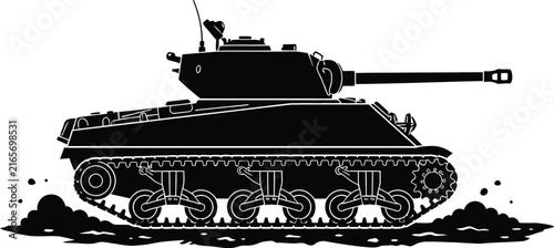 Fotografie Black silhouette of a military tank with treads on rough terrain against a white
