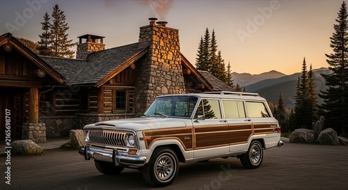 Vintage SUV parked outside log cabin at dusk.