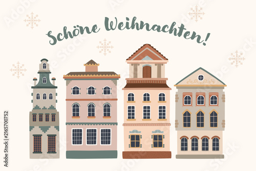 Merry Christmas greeting in German with festive European houses and decorative winter snowflakes