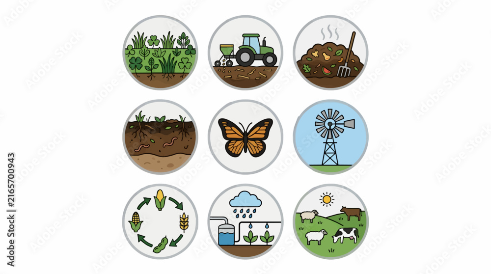 Fototapeta premium Icon set illustrating regenerative agriculture concepts: crops, soil, composting, butterfly, windmill, irrigation, and livestock