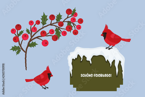 Happy Holidays greeting in German with red cardinal birds, snowy tree stump and winter holly berries